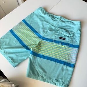 Hurley Men's Aqua Board Shorts with Blue and Yellow Stripes